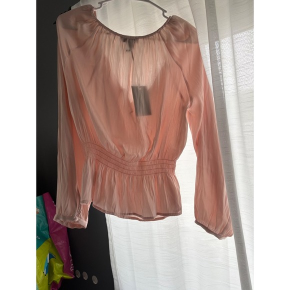 Paige Odalynn Top Cream Tan Blouse Long Sleeve Peplum Smocked Waist M - Picture 2 of 7